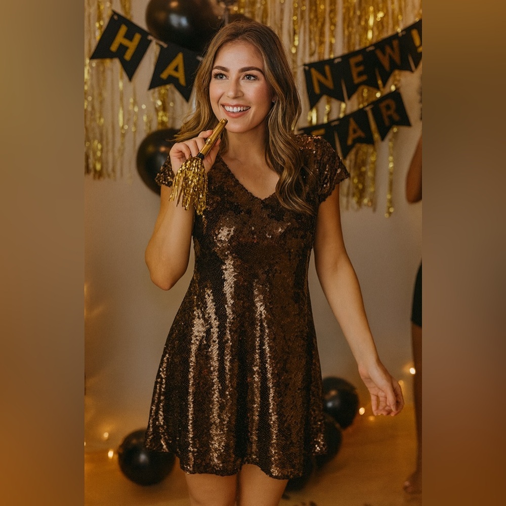 Issue New York Brown and Gold Sequin Mini Dress Hoco homecoming new years